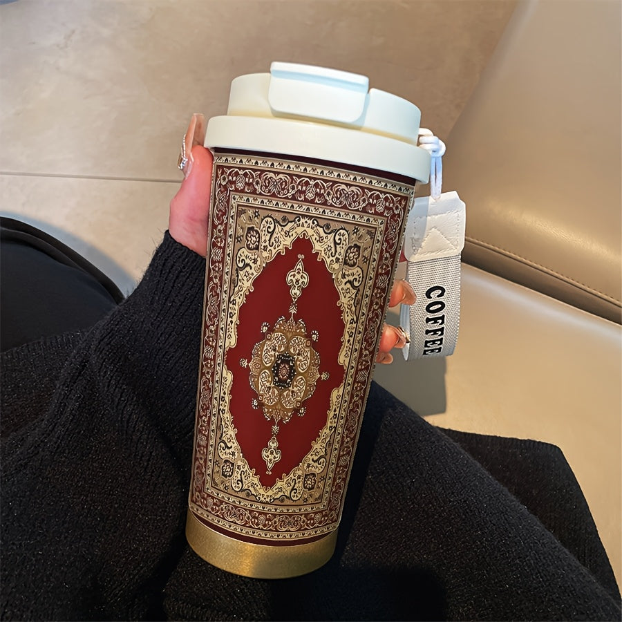 A 530ml Character Pattern Insulated Bottle Cup,Artistic Style,Fashion,Insulated/Cold Coffee Cup,Rope Portable Double Drink Type,Stainless Steel Insulated Bottle Cup,Cold Drink/Hot Drink Cup,Suitable for Ramadan