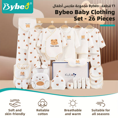 26-Piece Newborn Baby Clothing & Accessories Set – Soft Cotton White/Beige Layette with Brown Bear Designs, All-Season Unisex Gift Collection