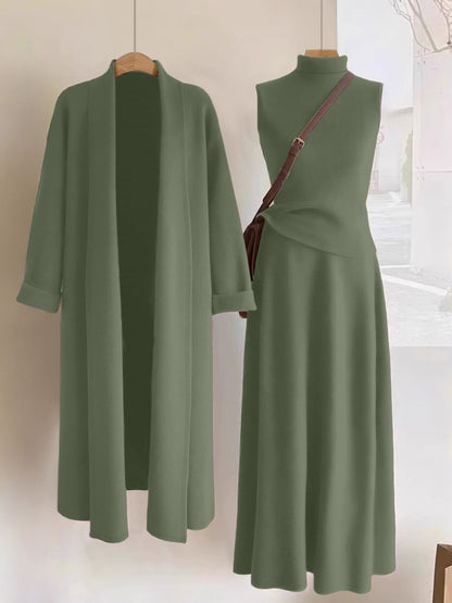 Women’s Elegant 3-Piece Outfit Set – Long Cardigan Jacket, High-Neck Vest & Skirt, Solid Color Chic Ensemble for Casual or Formal Events