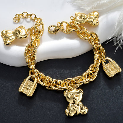 ZEADEAR Golden-Tone Bear & Handbag Charm Bracelet – Cute Copper Jewelry with Teddy Bear and Lock Pendants for Daily Wear or Special Gifts