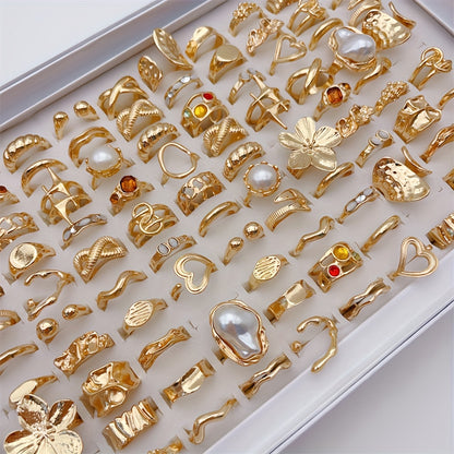 33-Piece Large Flower Ring Set for Women – Mixed Hollow Designs with Colorful Rhinestones & Irregular Heart Shapes, Perfect for Parties & Friendship Gifts