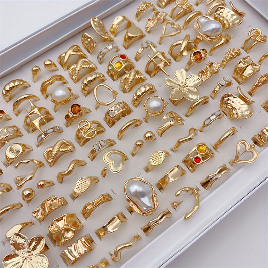 33-Piece Large Flower Ring Set for Women – Mixed Hollow Designs with Colorful Rhinestones & Irregular Heart Shapes, Perfect for Parties & Friendship Gifts