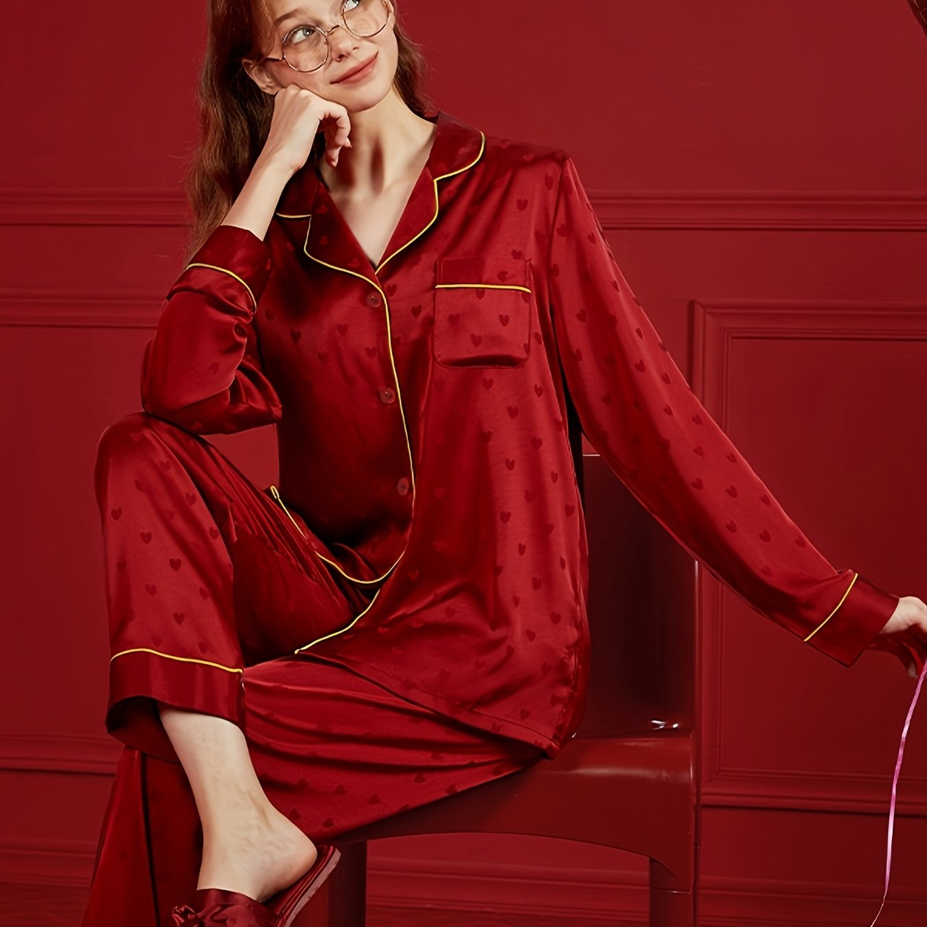 Women’s Elegant Red Heart-Pattern Pajama Set – Soft Long-Sleeve Top & Pants with Lapel Collar and Button Details for Spring/Fall