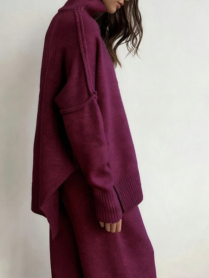 طقم نسائي شتوي محبوك من قطعتين - بلوفر أنيق بياقة عالية وأكمام طويلة وبنطال طويل متناسق، مظهر بسيط وعصري