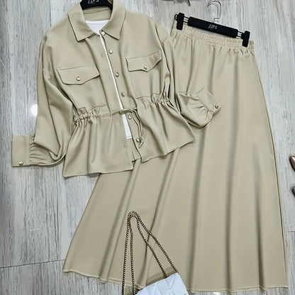 Elegant Women’s Drawstring Waist Top & Skirt Set – Spring/Autumn Collection