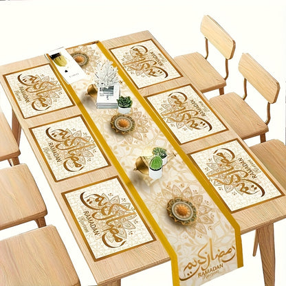 ٧ قطع من مفارش المائدة (٢٩.٩٧ × ٤٥.٠١ سم) + قطعة واحدة من مفرش الطاولة (٣٣.٠٢ × ١٨٢.٨٨ سم)، طقم مفرش طاولة رمضاني مكون من ٧ قطع - مصنوع من ألياف البوليستر بنقشة الهلال الذهبي والزهور، زينة منزلية مثالية لحفلات رمضان.