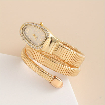 Women’s Snake-Shaped Wrap Watch with Crystals – Elegant Golden & Rose Gold Metal Band, Oval Dial, Quartz Movement, Sophisticated Fashion Timepiece
