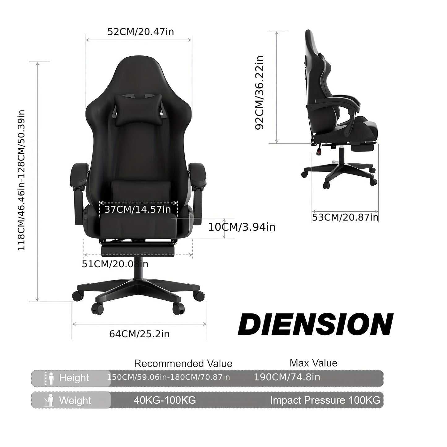 Ergonomic Gaming Chair – Adjustable High-Back Faux Leather Seat with Lumbar Support & Silent Casters, Black