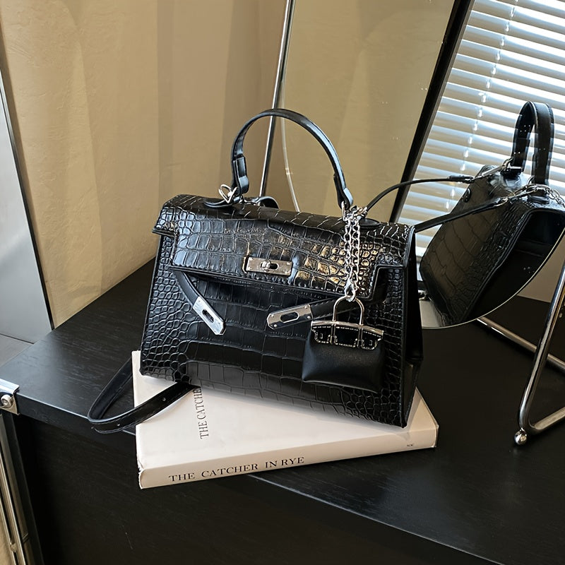 Women’s Luxury Alligator-Texture Handbag – Adjustable Crossbody Strap, Golden-Tone Hardware, Turn-Lock Closure & Reinforced Top Handle, European Collection (Deep Brown/White/Black)