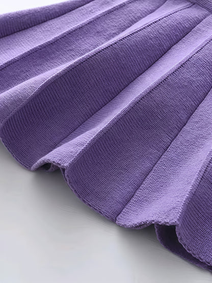 Girls’ 2-Piece Furry Fruit Sweater & Pleated Skirt Set – Cozy Purple Knitwear Outfit for Daily Wear or Parties in Autumn/Winter