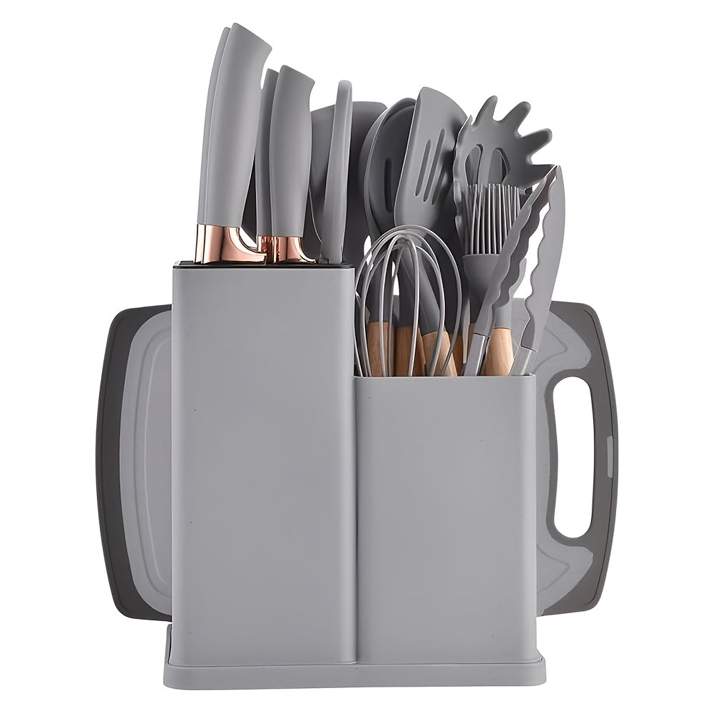 19-Piece Kitchen Utensil Set – Heat-Resistant Silicone Spatulas, 6 Sharp Knives, and Durable Cutting Board for Everyday Cooking