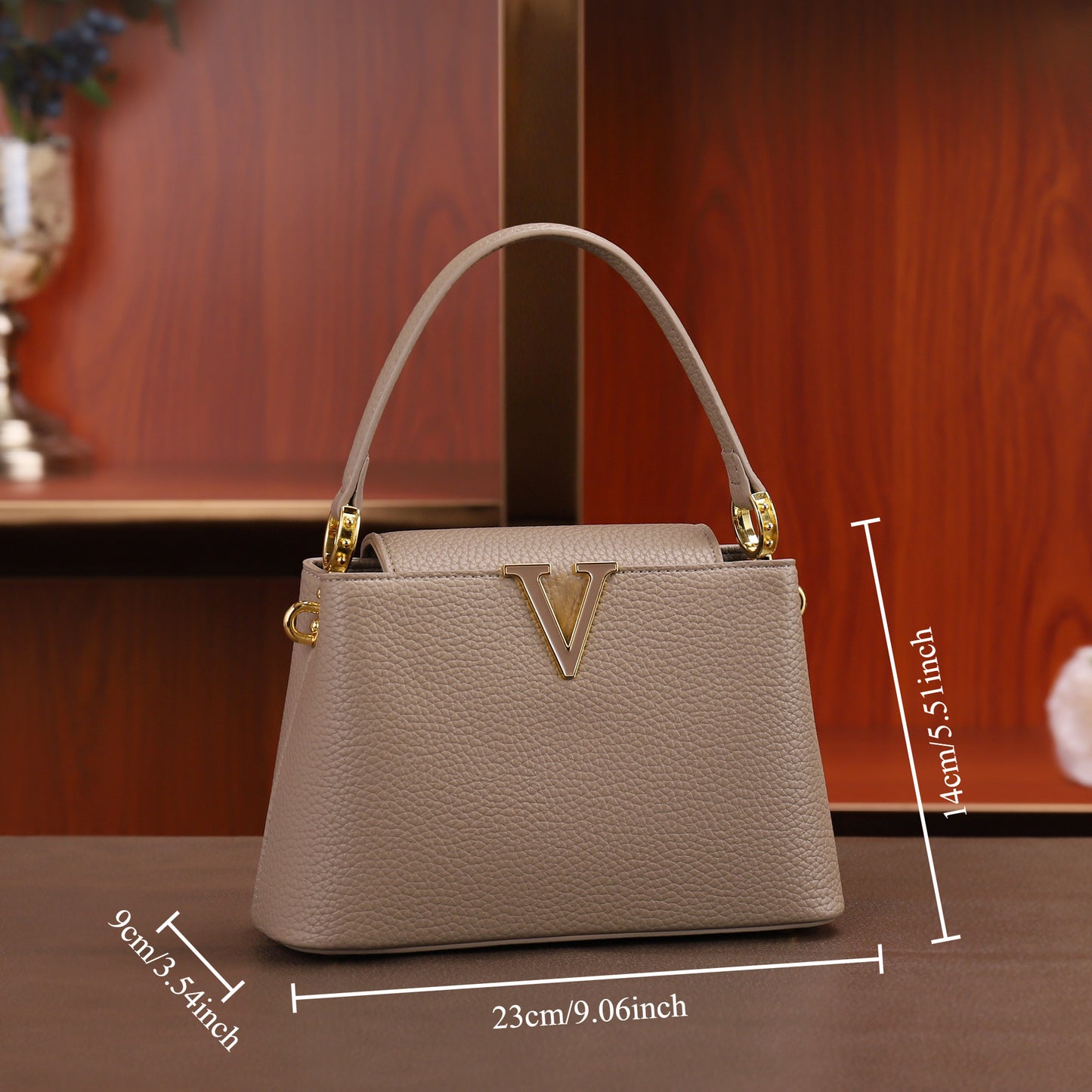 Women’s Elegant V-Logo Handbag – Textured Grained Leather Purse with Golden-Tone Hardware & Detachable Strap, Perfect for Everyday or Formal Wear