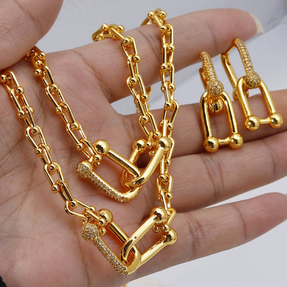 Women’s Elegant Interlocking Micro-Inlay Jewelry Set – Earrings, Necklace & Bracelet with Chain Design, Light Luxury Style for Weddings & Valentine’s Day