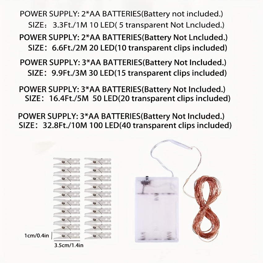 [Fairy Light Strip] 1pc 100LED Fairy Light Strip, Copper Light Rope 10M with 40 Clips, Battery Operation Garland for Bedroom, Family Party, Wedding, Christmas Decoration