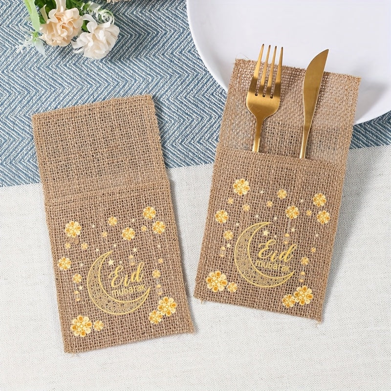 Set of 5 Burlap Bags Featuring Flowers, Perfect for Eid And Ramadan. These Bags Can Hold Knives And Forks And Serve As Festive Decorations for Your Home, Ideal for Islamic Muslim Gatherings And Tableware