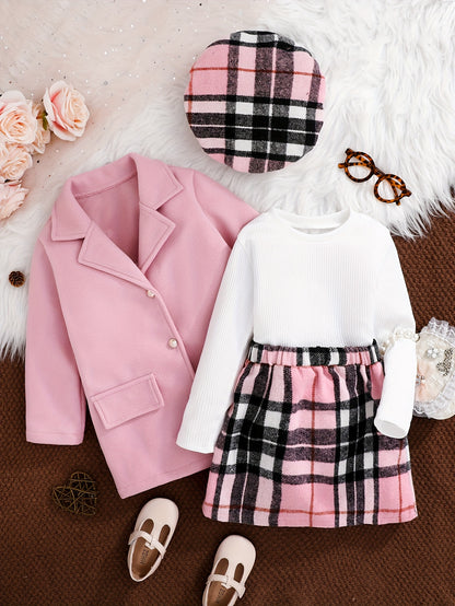 Girls’ 4-Piece Autumn/Winter Fashion Set – Button-Up Coat, Ribbed Long-Sleeve Top, Checkered Elastic-Waist Skirt & Matching Beret