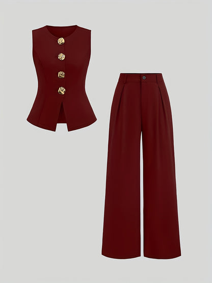 Women’s Elegant Waist-Cinching Vest & Wide-Leg Pants Set – Solid Button-Up Two-Piece Outfit for Office or Casual Wear