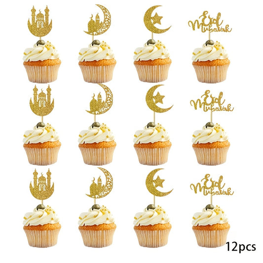 12pcs Mixed Color Castle Moon Star Eid Party Cupcake Toppers for Ramadan Celebration, Decorative Cake Inserts for Eid Event, Ramadan Gathering, Ramadan Mubarak, Mixed Color, 12pcs