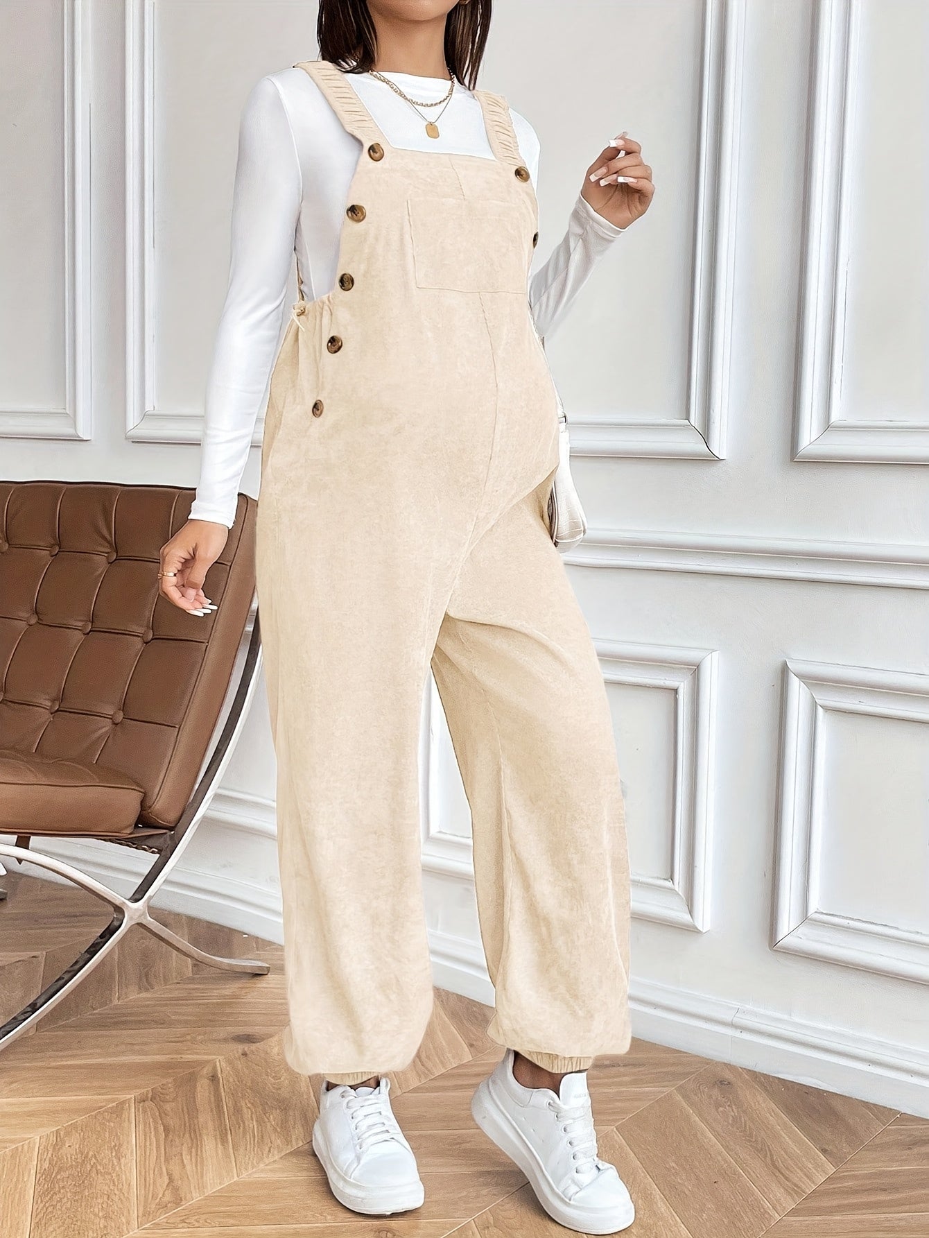 Women’s Maternity Oversized Trousers – Full-Length Corduroy-Style Pregnancy Pants with Adjustable Drawstring Waist & Golden-Tone Buttons