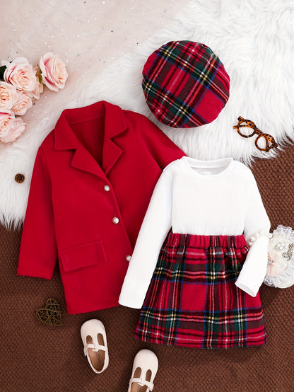 Girls’ 4-Piece Autumn/Winter Fashion Set – Button-Up Coat, Ribbed Long-Sleeve Top, Checkered Elastic-Waist Skirt & Matching Beret