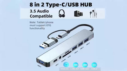 [8-in-1 USB Hub] 8-in-1 USB 3.0 Hub | Type-C Docking Station for Laptops & Desktops with Multi-Port Simultaneous Use, High-Speed Scaling, CD/TF Card Reader, Keyboard, Mouse, Hard Drive, and Fan Connections