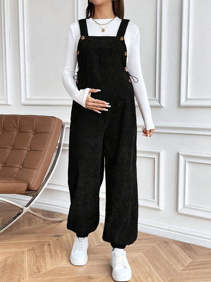 Women’s Maternity Oversized Trousers – Full-Length Corduroy-Style Pregnancy Pants with Adjustable Drawstring Waist & Golden-Tone Buttons