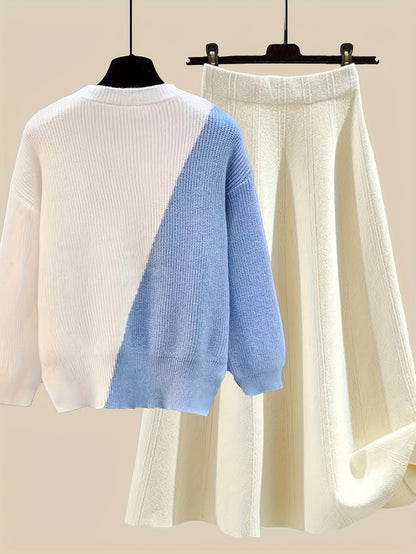 طقم نسائي من قطعتين من ملابس التريكو لفصلي الخريف والشتاء - بلوزة عصرية مع تنورة فضفاضة