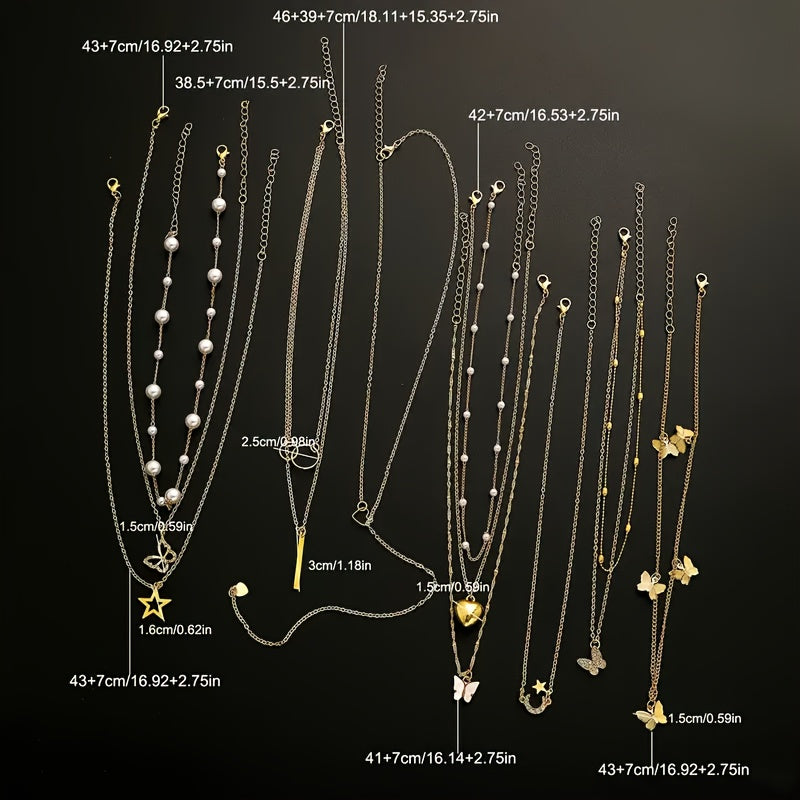 11pcs Creative Fashion Five-Pointed Star Synthetic Zirconia Butterfly Element Faux Women's Multi-Set Necklace Set Suitable for Outing Beach Vacation Jewelry Mother's Day Gift