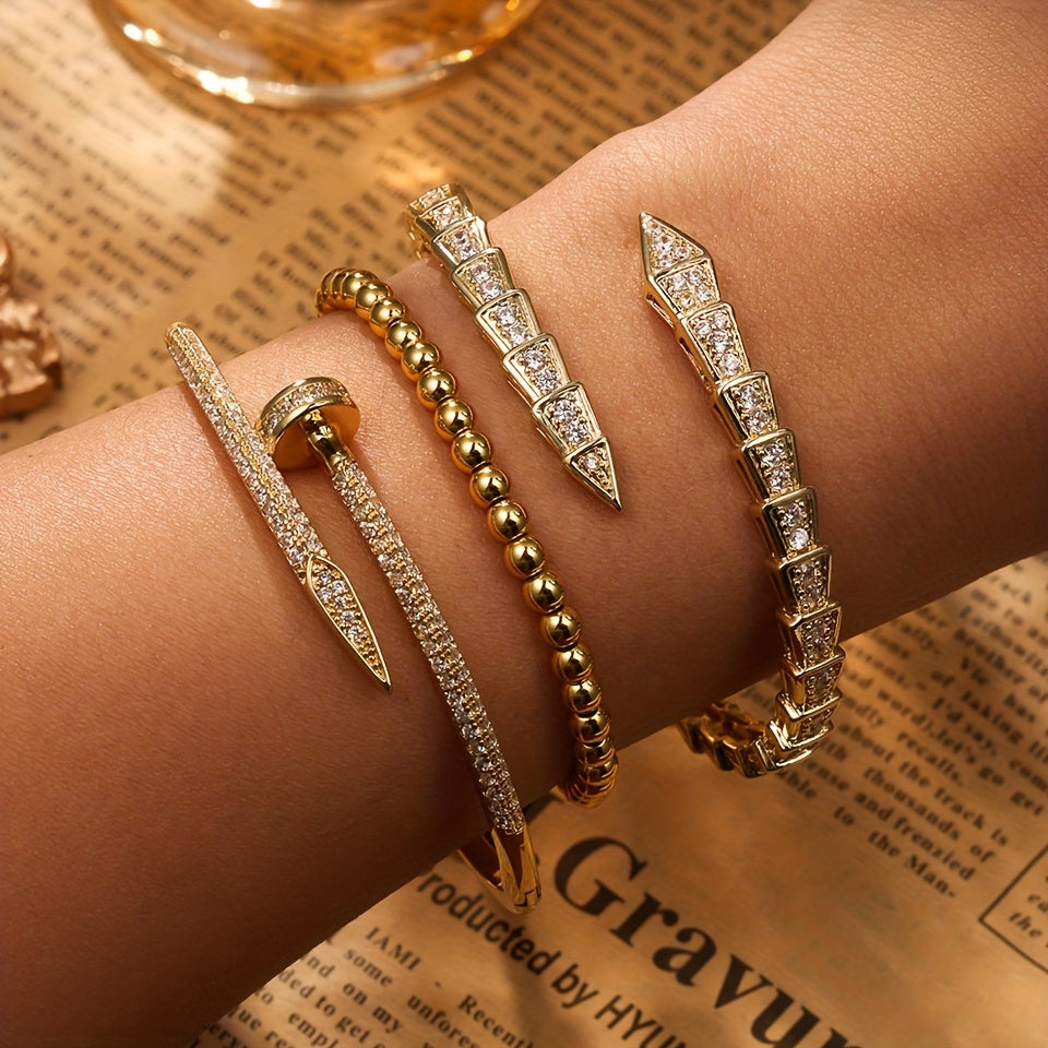 Exquisite Luxury Women'S Jewelry Set of 3, Elegant Style with Copper Plated Golden Inlaid Synthetic Zirconia Design Featuring Snake-Shaped Open Bracelet, Nail-Shaped Bracelet, and Round Bead Bracelet Suitable for Daily Wear a