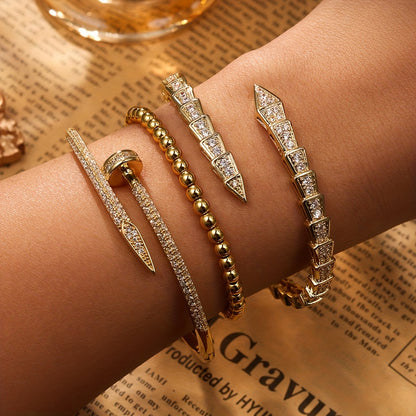 Exquisite Luxury Women'S Jewelry Set of 3, Elegant Style with Copper Plated Golden Inlaid Synthetic Zirconia Design Featuring Snake-Shaped Open Bracelet, Nail-Shaped Bracelet, and Round Bead Bracelet Suitable for Daily Wear a