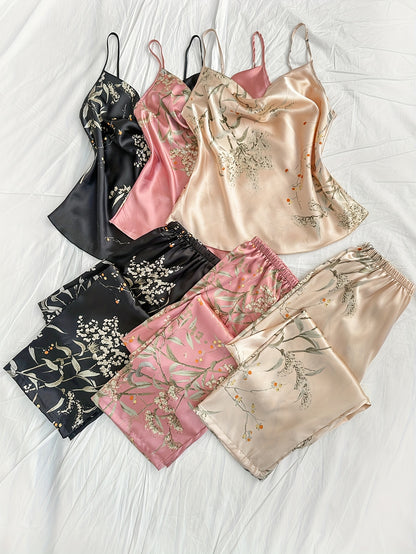 6-Piece Cherry Print Sleepwear Set – Ruffled Neckline Top with Matching Long Pants, Cute and Comfortable Loungewear