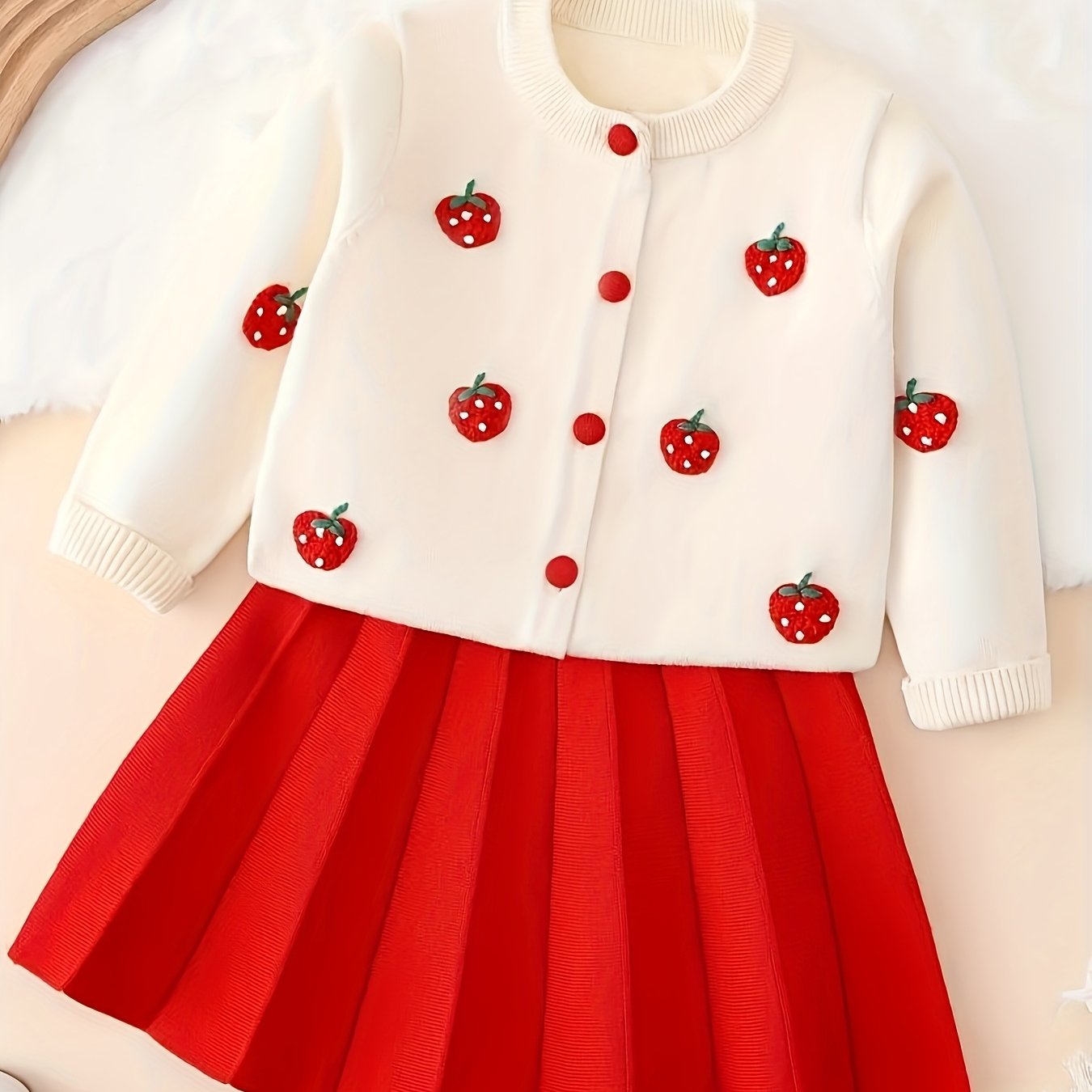 Girls’ 2-Piece Furry Fruit Sweater & Pleated Skirt Set – Cozy Purple Knitwear Outfit for Daily Wear or Parties in Autumn/Winter