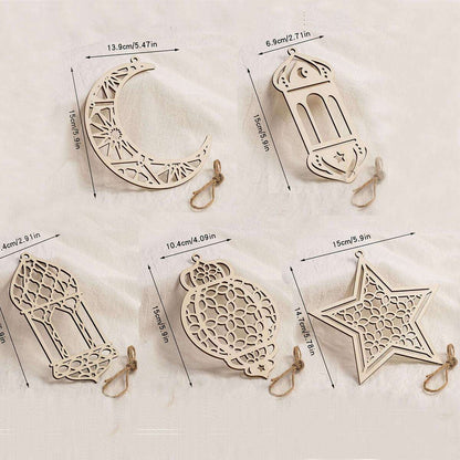 5pcs/set Eid Mubarak Wooden Hanging Ornaments Hollowed Moon Star Pendant for Ramadan Eid al-Fitr Party Decoration DIY Painting Gifts