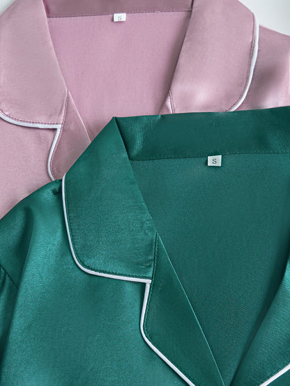 Women’s 2-Set Satin Pajama Collection – Long-Sleeve & Long-Pants Solid Color Sleepwear with Turned Collar and Elegant Button Detailing for Autumn/Winter