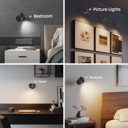 Rechargeable LED Wall Lamp – 360° Rotating Spotlight with Remote & Touch Control, 3-Color Dimming for Home & Gallery