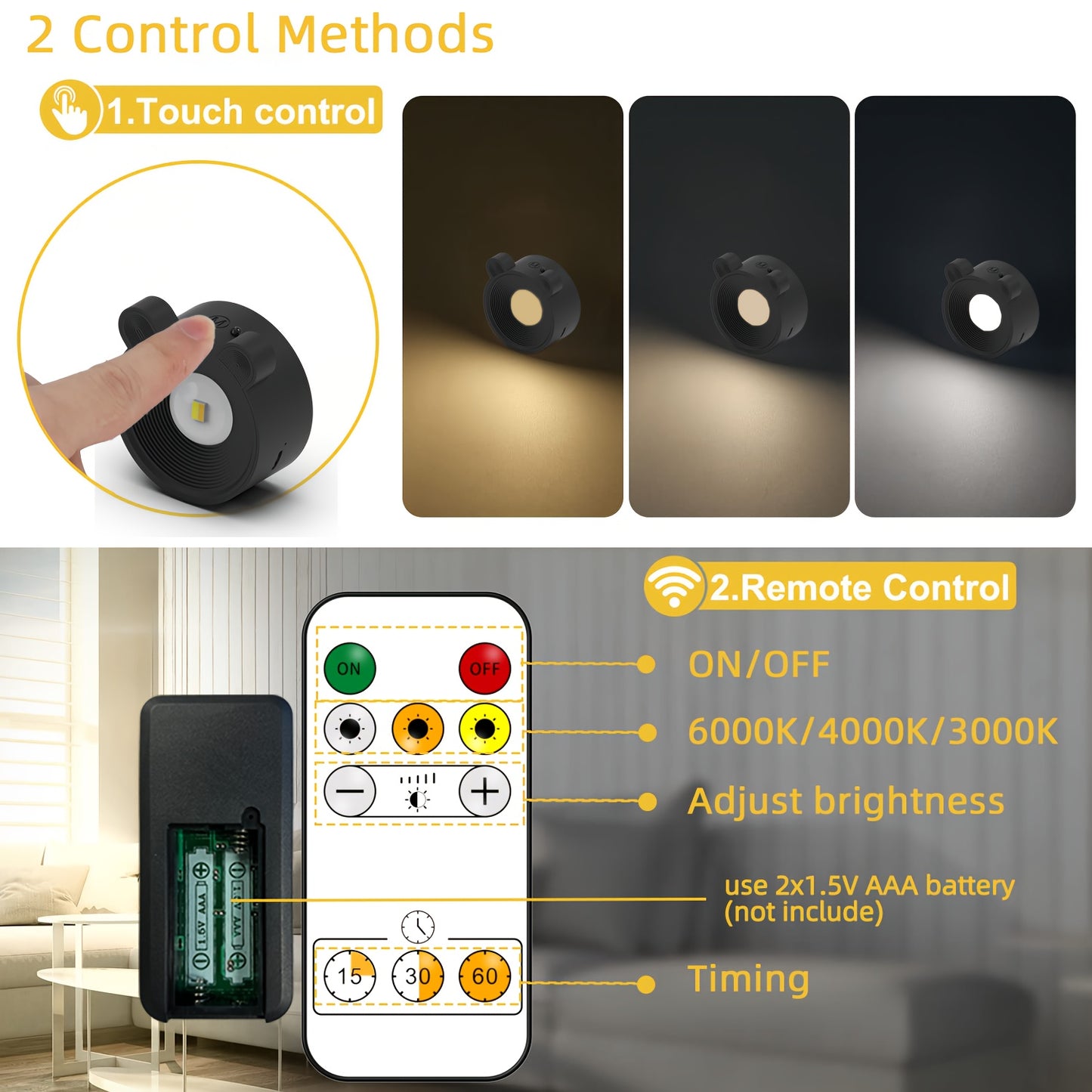 Rechargeable LED Wall Lamp – 360° Rotating Spotlight with Remote & Touch Control, 3-Color Dimming for Home & Gallery