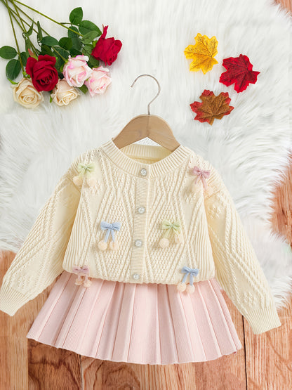 Girls’ Adorable Knit Cardigan & Pleated Skirt Set – Cozy Winter 2-Piece Outfit for Toddlers & Kids (8M–8Y)