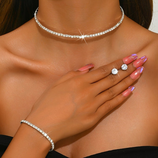 925 Sterling Silvery Set, Women's Luxury Tennis Necklace + Bracelet + Earrings Three-Piece Set, Mother's Day/Valentine's Day Gift