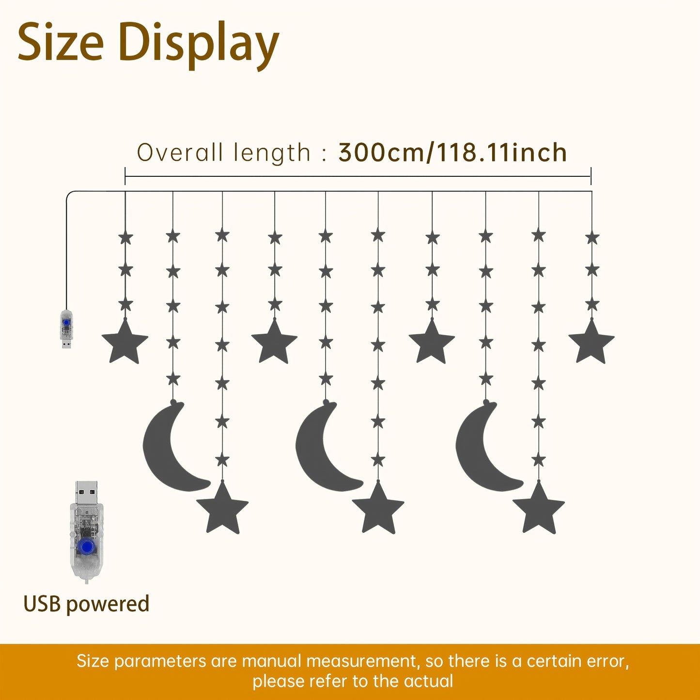 1pc Moon & Star LED String Lights, 8 Lighted Modes, 300cm/9.84ft USB Powered Fairy Light, Suitable for Ramadan, Eid Al-Fitr, Eid Al-Adha, Home, Bedroom, Living Room, Wall, Wedding, Birthday, Party, Family Gathering, Festival