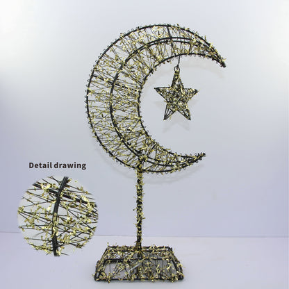 1pc Ramadan Decoration Featuring a Large Moon and Stars, Equipped with 20 LED Lights, Battery-powered, with a Metal Cutout Design. Easy-to-install Ramadan Ornament, Suitable for Festive and Celebratory Home Decor. Requires 2