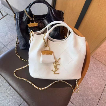 Women’s 2026  Luxury Chain-Link Convertible Handbag – Magnetic Closure Second-Layer Leather Tote with Polyester Lining, 10+ Styling Options (White/Black)