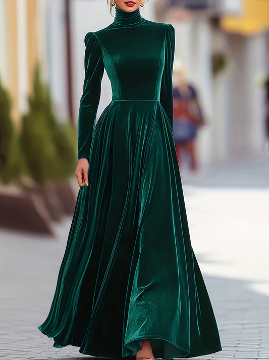 Women’s Elegant Navy Velvet Long Sleeve Evening Dress – High Neck A-Line Formal Gown with Zipper Back, Perfect for Weddings, Galas & Parties