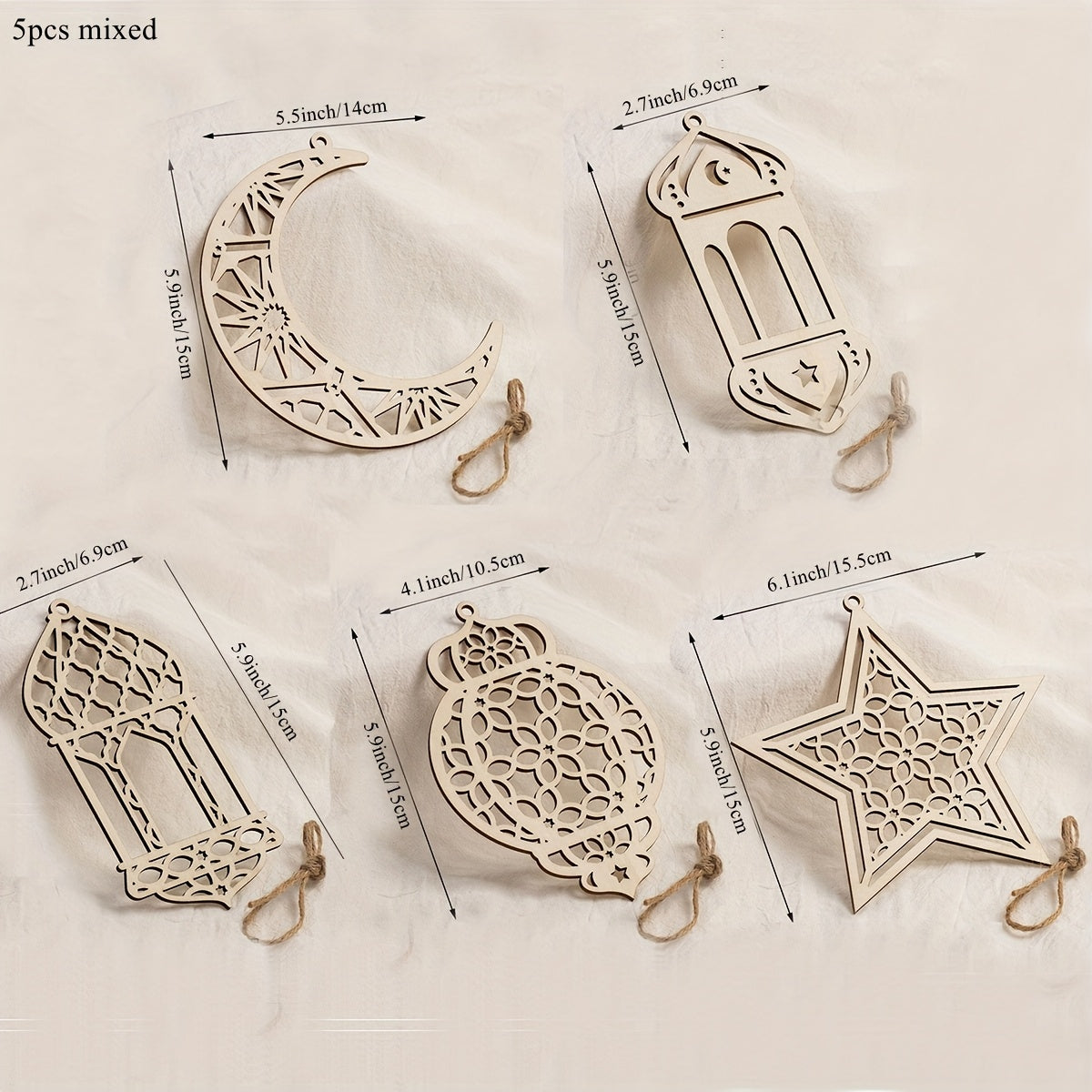 5pcs/set Eid Mubarak Wooden Hanging Ornaments Hollowed Moon Star Pendant for Ramadan Eid al-Fitr Party Decoration DIY Painting Gifts