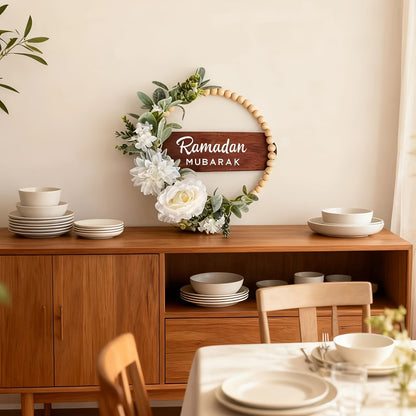 إكليل رمضان مصنوع يدويًا مع لوحة خشبية | زينة زهرية بلاستيكية لعيد الفطر، بنمط بوهيمي، يُعلق على الباب