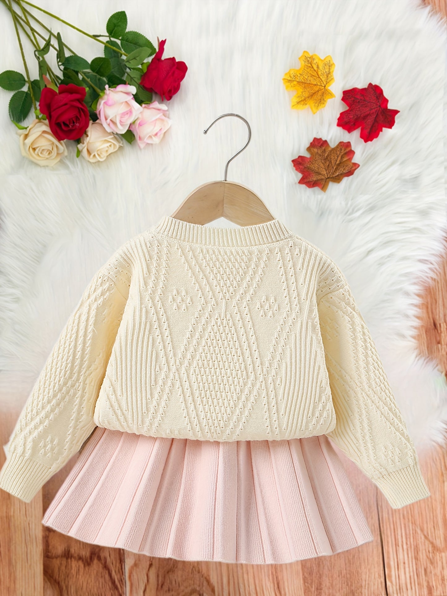 Girls’ Adorable Knit Cardigan & Pleated Skirt Set – Cozy Winter 2-Piece Outfit for Toddlers & Kids (8M–8Y)