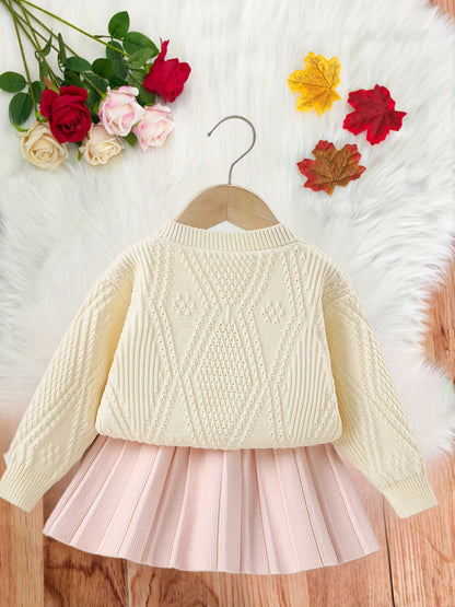 Girls’ Adorable Knit Cardigan & Pleated Skirt Set – Cozy Winter 2-Piece Outfit for Toddlers & Kids (8M–8Y)