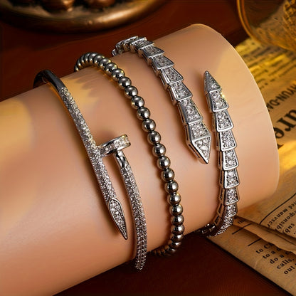 Exquisite Luxury Women'S Jewelry Set of 3, Elegant Style with Copper Plated Golden Inlaid Synthetic Zirconia Design Featuring Snake-Shaped Open Bracelet, Nail-Shaped Bracelet, and Round Bead Bracelet Suitable for Daily Wear a