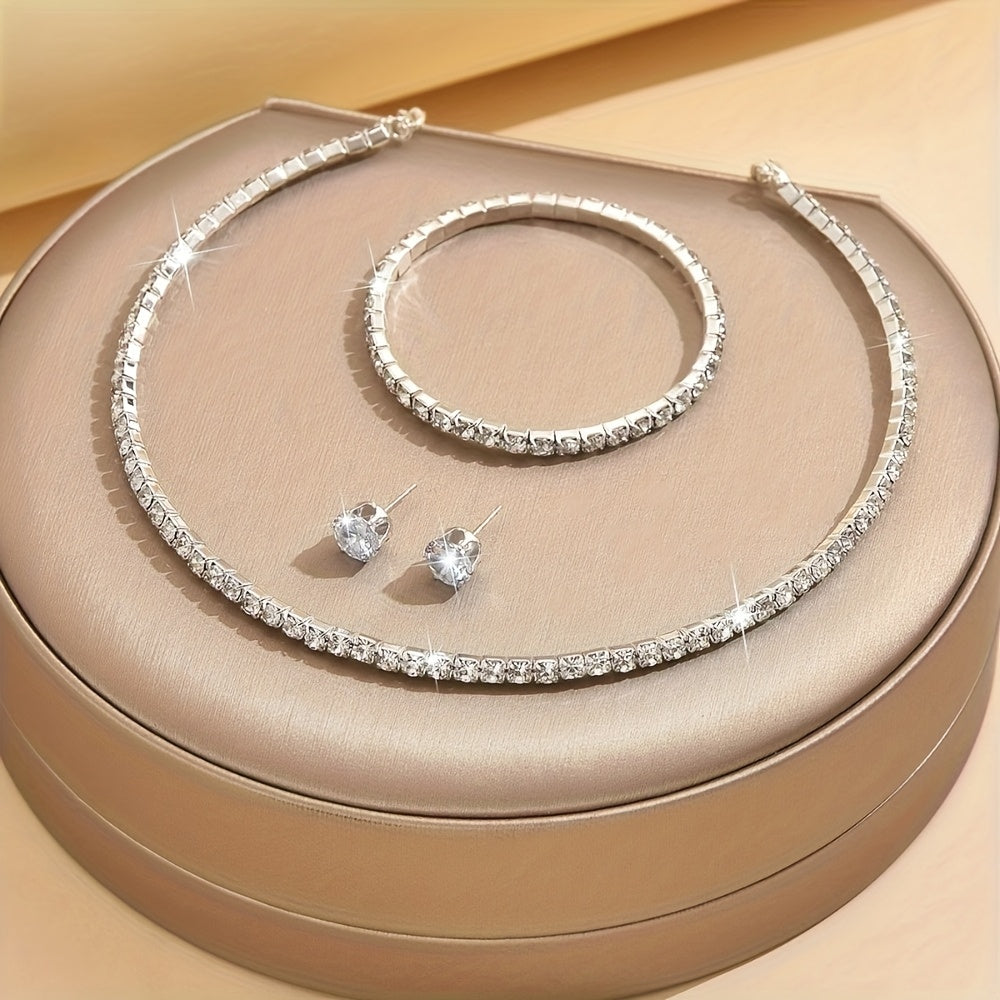 925 Sterling Silvery Set, Women's Luxury Tennis Necklace + Bracelet + Earrings Three-Piece Set, Mother's Day/Valentine's Day Gift
