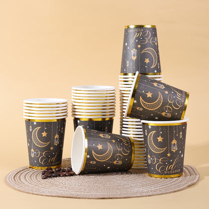 20pcs/40pcs/60pcs Black & Golden Elegant Eid Mubarak Party Disposable 9Oz Paper Cups with Golden Edge | Golden Foil Moon Star Lantern Print, Ideal for Ramadan Kareem Festival Gatherings Valentine Easter