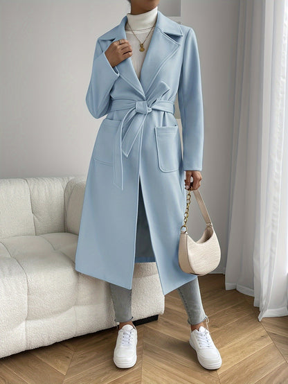 Women's Elegant Beige Trench Coat – Belted Long Sleeve Jacket with Pockets, Classic Collar & Structured Design for Spring & Fall